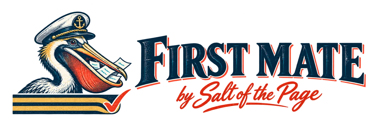 First Mate by Salt of the Page: a pelican in a captain’s hat scooping up loose pages, above gold rank stripes and a red check mark