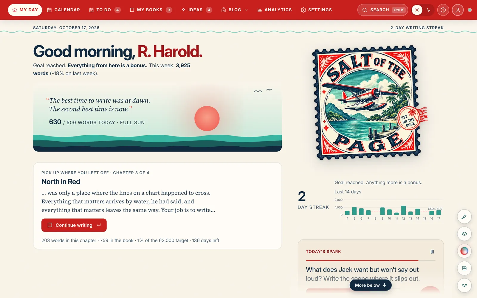 My Day in Salt of the Page: a good-morning greeting, today's words against the goal, a sunrise card, the pick-up-where-you-left-off card, the streak chart and a writing spark