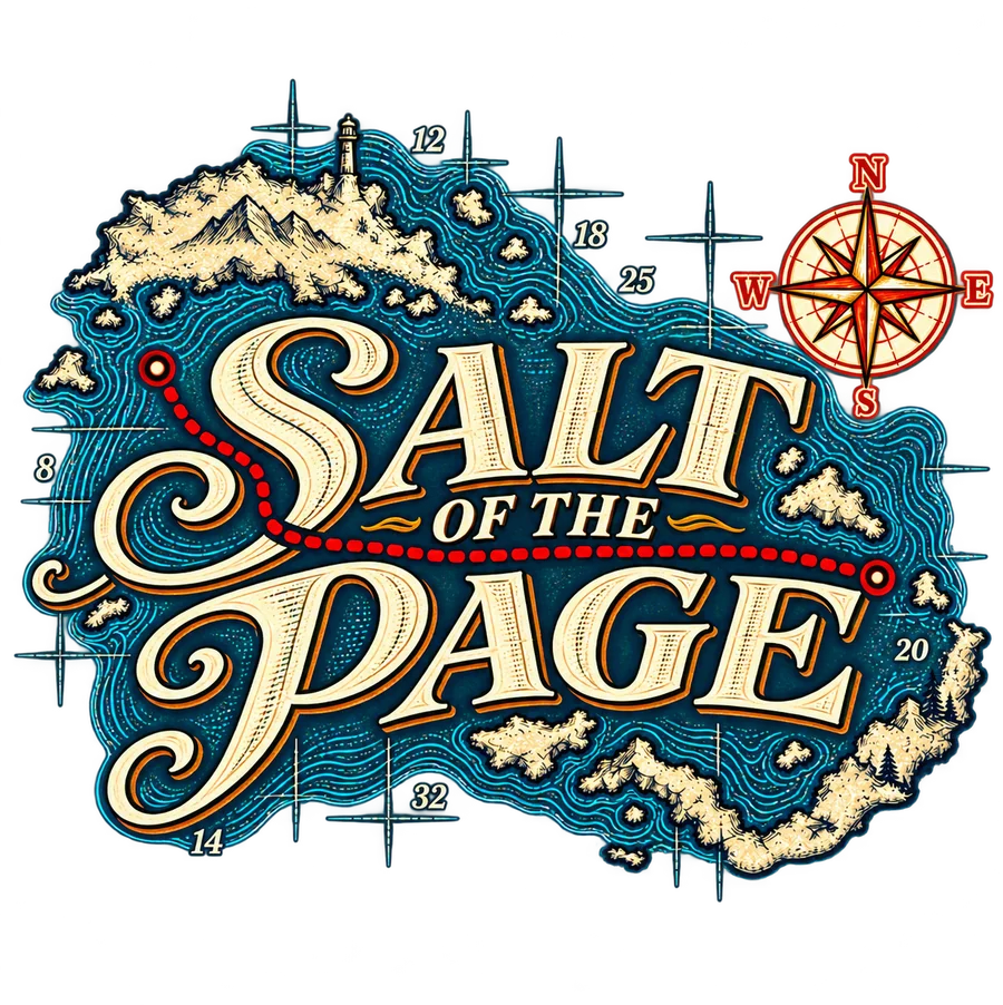 Salt of the Page logo: hand-lettered on an old sea chart with a compass rose