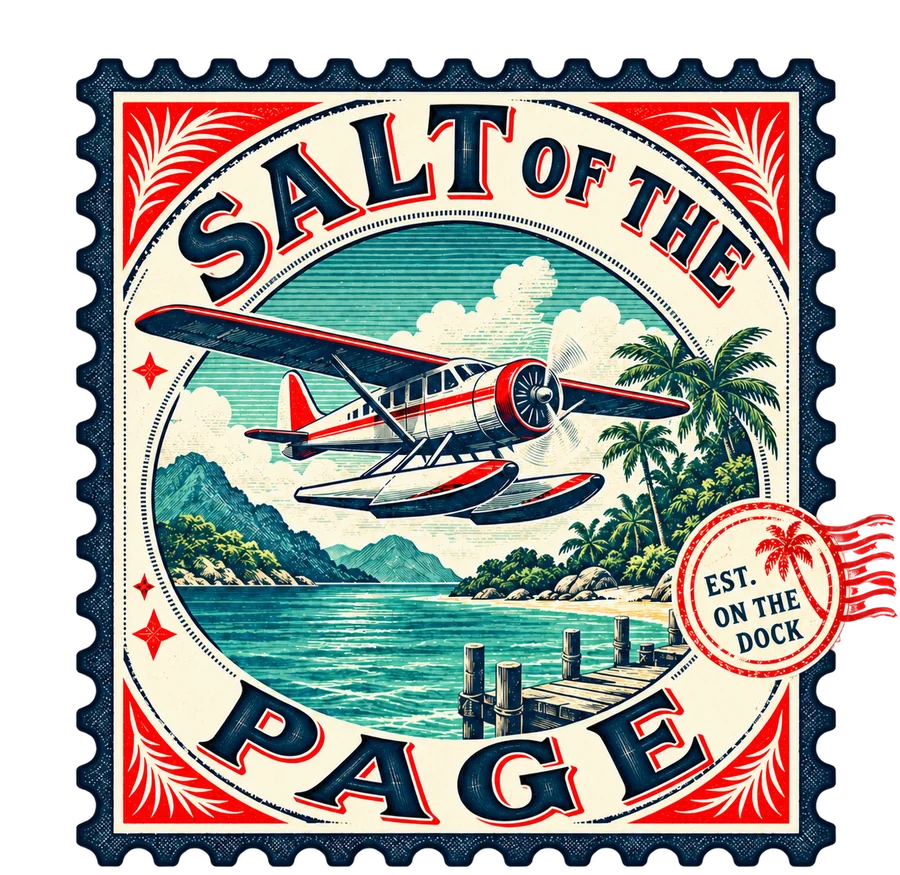 Salt of the Page logo: a vintage postage stamp with a seaplane over a tropical lagoon