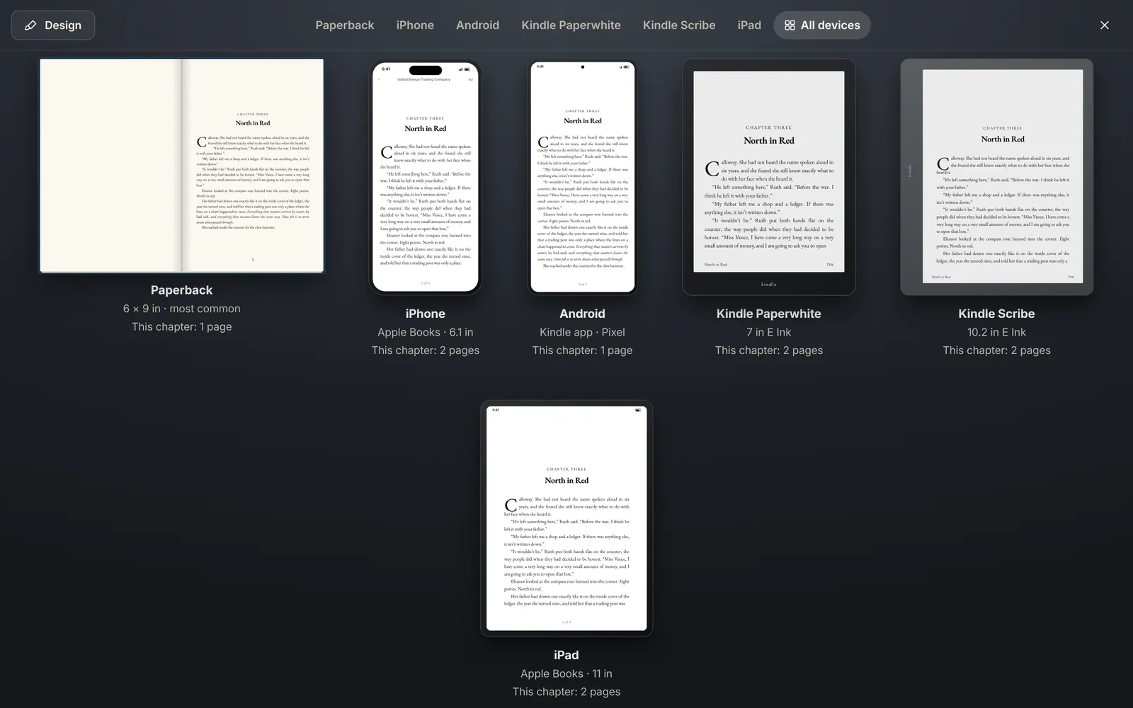 The chapter opening on paperback, iPhone, Android, Kindle Paperwhite, Kindle Scribe and iPad side by side, with page counts