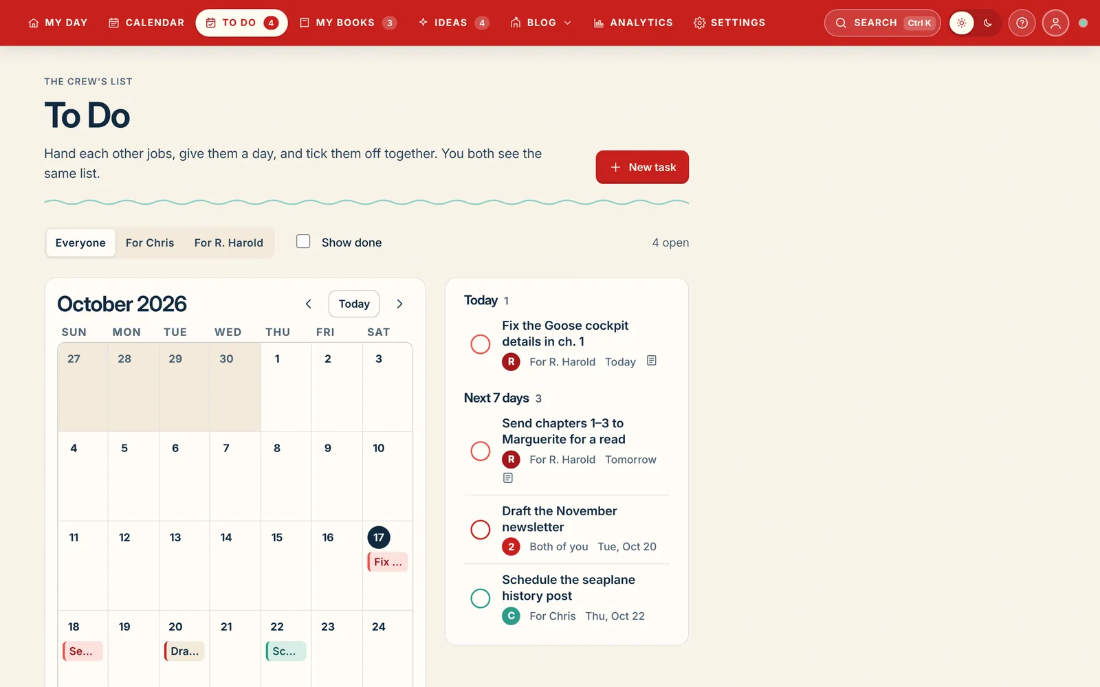 The To Do list with tasks for each person, due dates and a month view